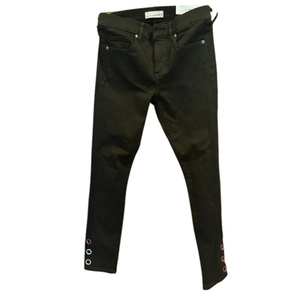 LOFT Womens Black Denim Rose Gold Grommet Snap Ankle Skinny Jeans Sz 0/25.  NWT